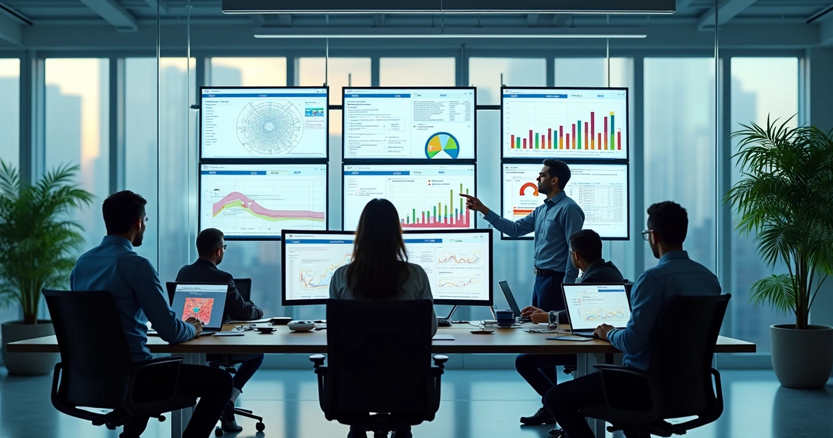 Technology team analyzing operational bottlenecks on multiple screens in modern office 