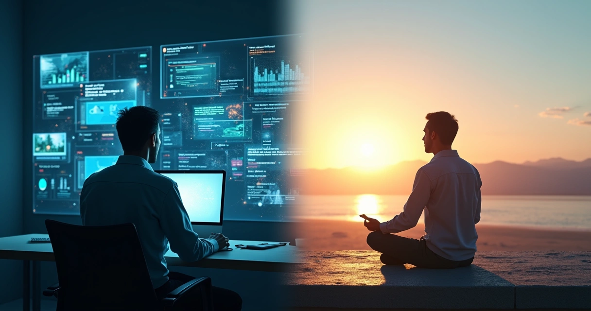 Person split between digital screens and quiet natural landscape 