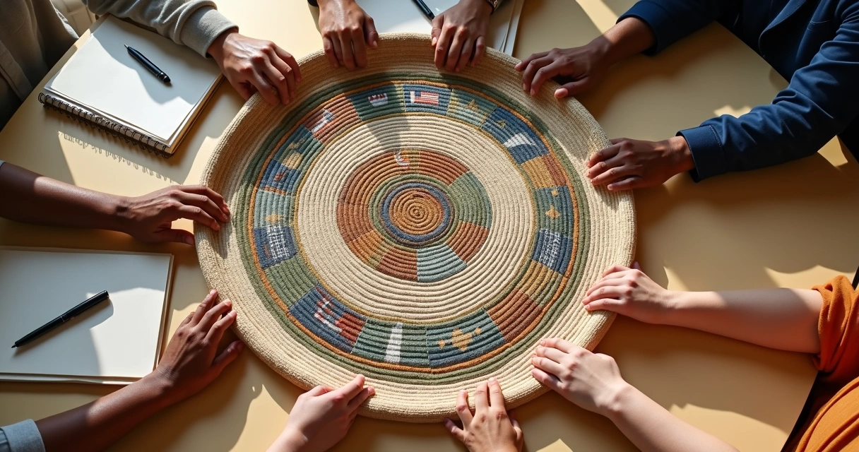 Mãos diversas segurando um tecido circular com símbolos culturais bordados 