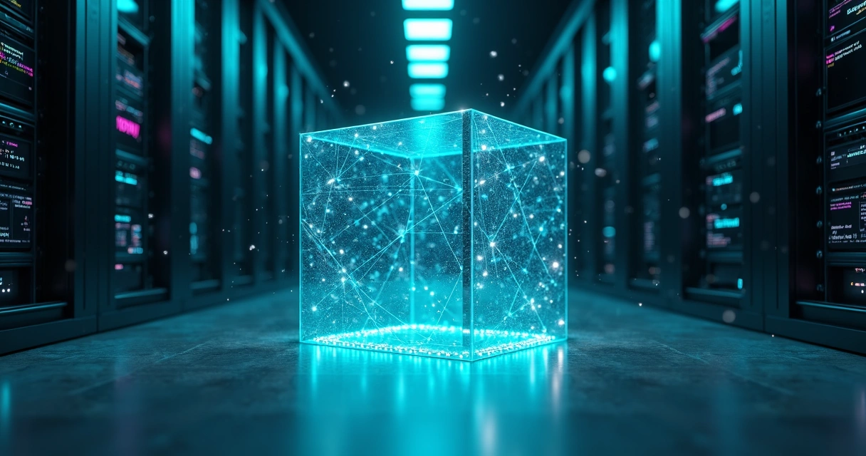 Malha 3D conectando ícones de linguagens de programação em um cubo fiscal central 