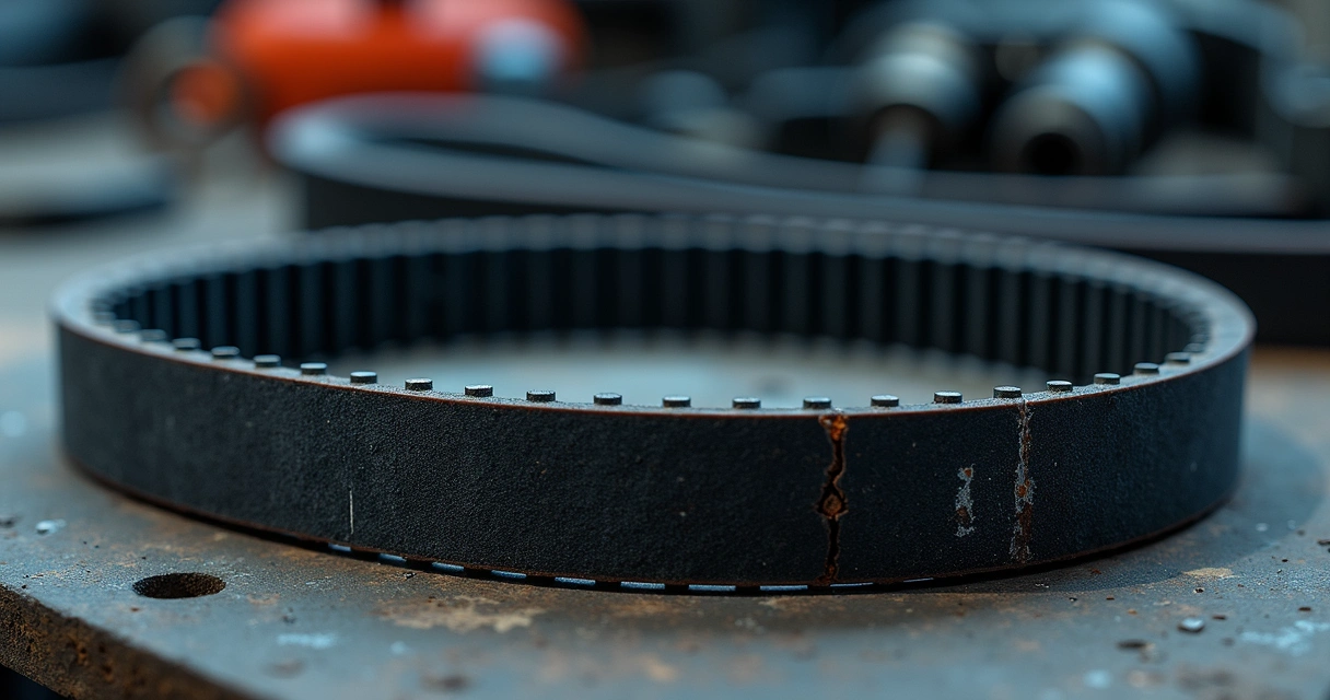 Correia dentada com desgaste visível em bancada mecânica 