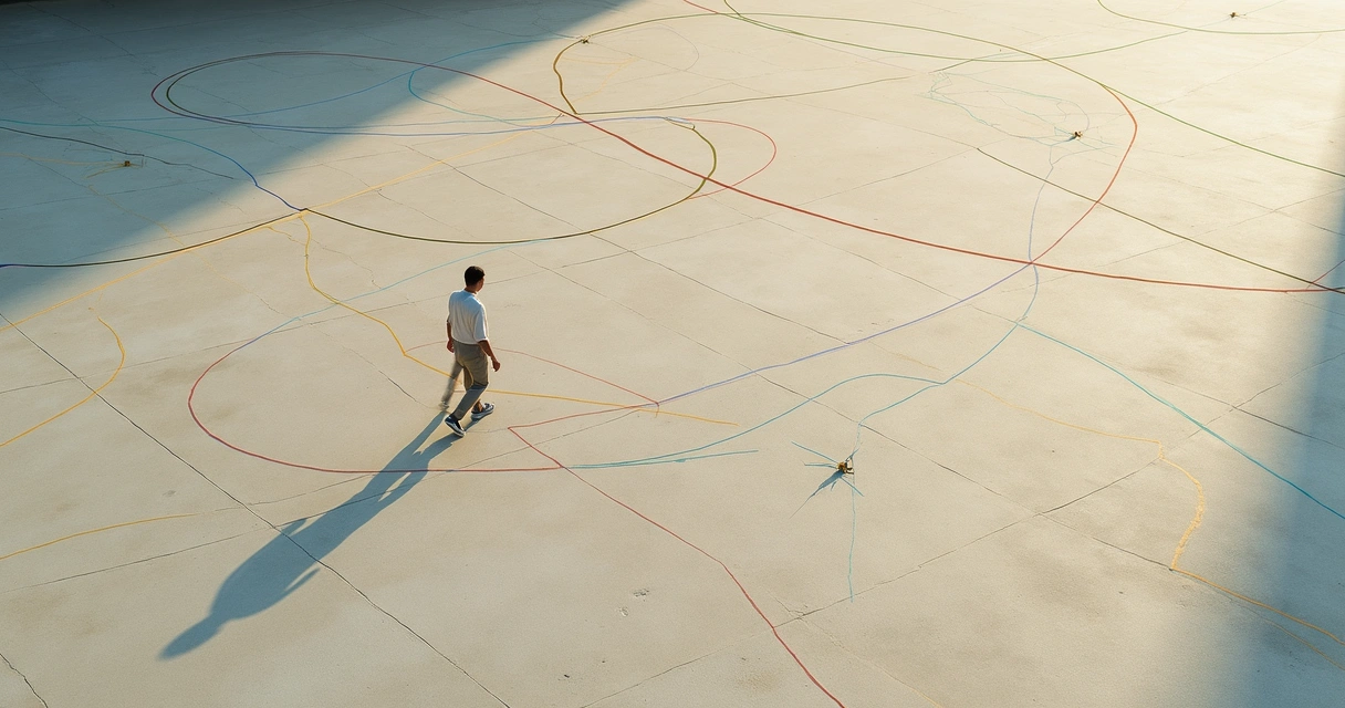 Vista aérea abstrata de pessoa caminhando por rede de microcaminhos coloridos 