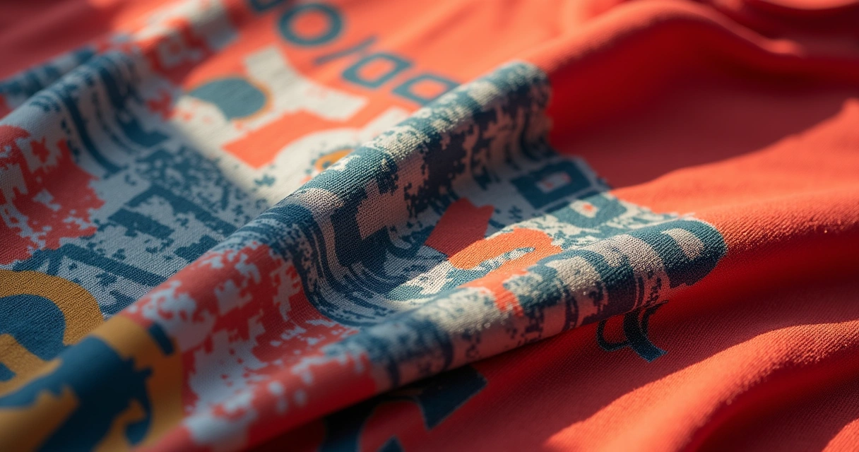 Detalhe de tecido com estampa DTF no foco, mostrando fidelidade das cores 