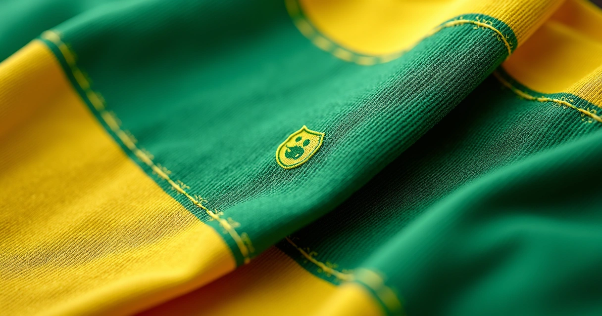 Zoom em tecido dry-fit com estampa verde e amarela para Copa do Mundo