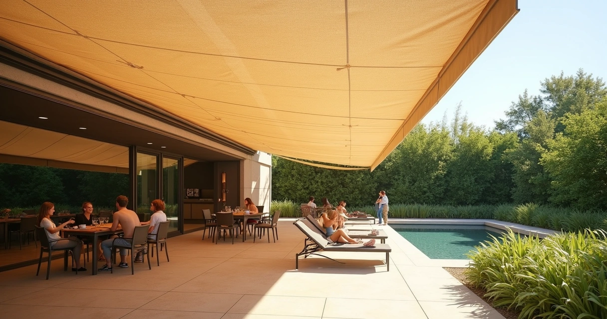 Tecidos de toldo sobre um ambiente externo fornecendo proteção à luz do sol 