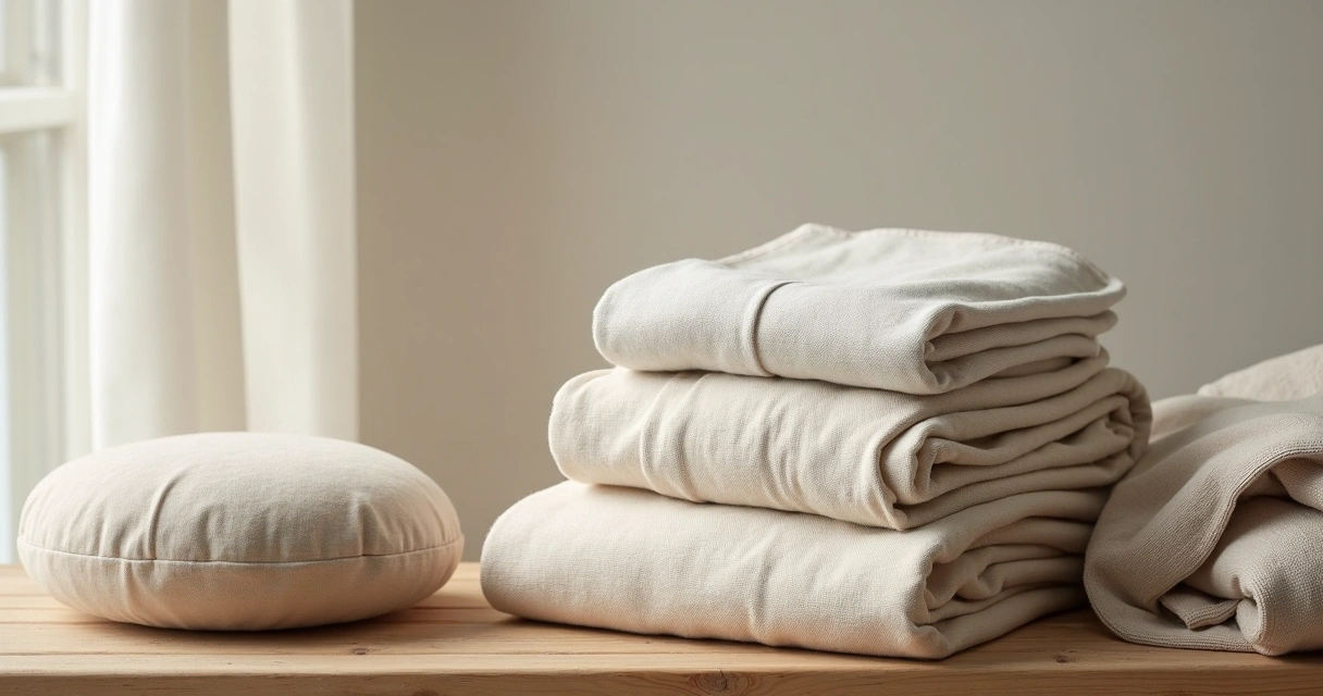 Roupas leves dobradas ao lado de almofada de meditação