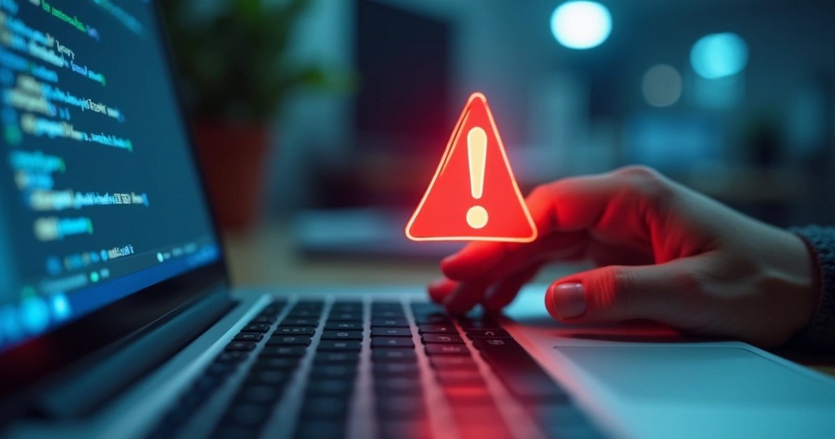 Mão digitando em teclado com alerta de golpe em cor vermelha 