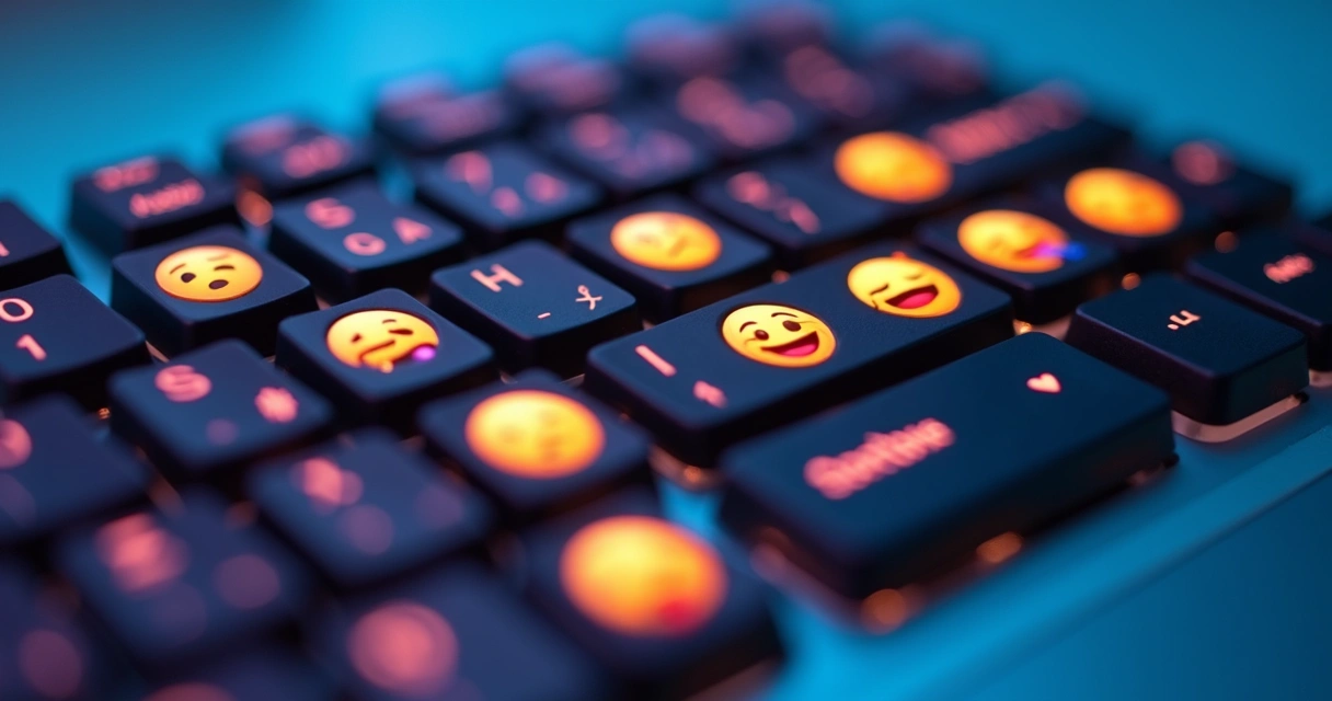 Teclado de computador com emojis, em fundo colorido 