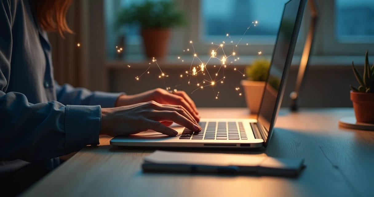 Mãos teclando com figuras humanas conectadas em luz sobre o teclado 