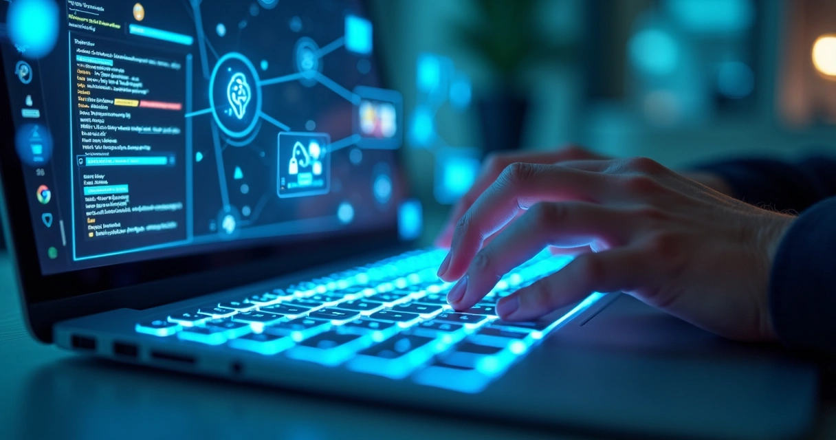 Teclado de computador com efeitos de luz azul e hologramas representando IA e pesquisa virtual 