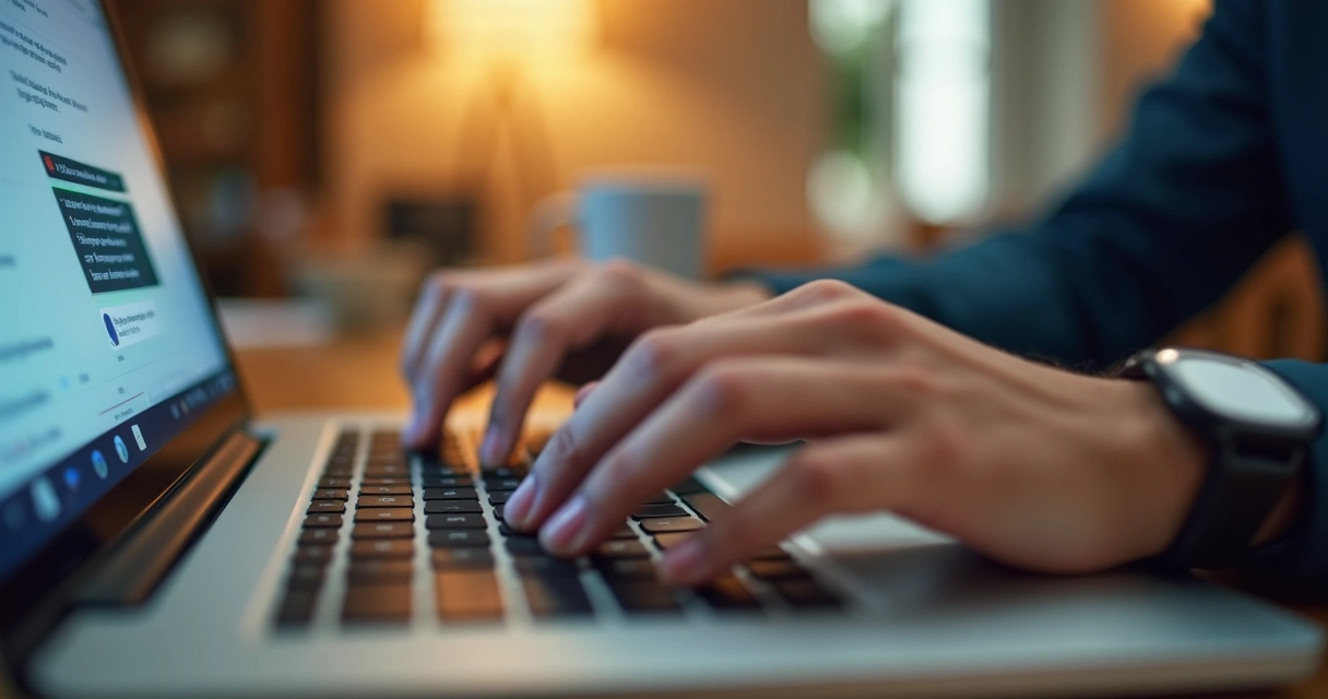 Mãos digitando mensagem em teclado notebook 