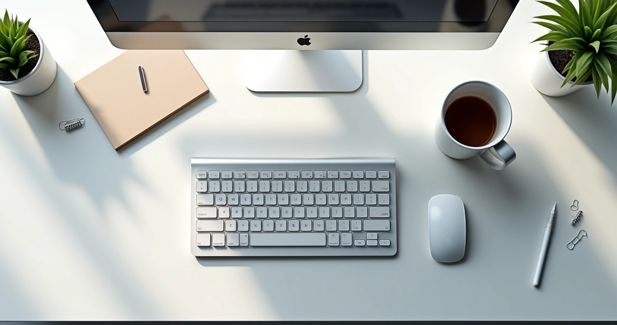 Teclado moderno sobre mesa de escritório com acessórios 