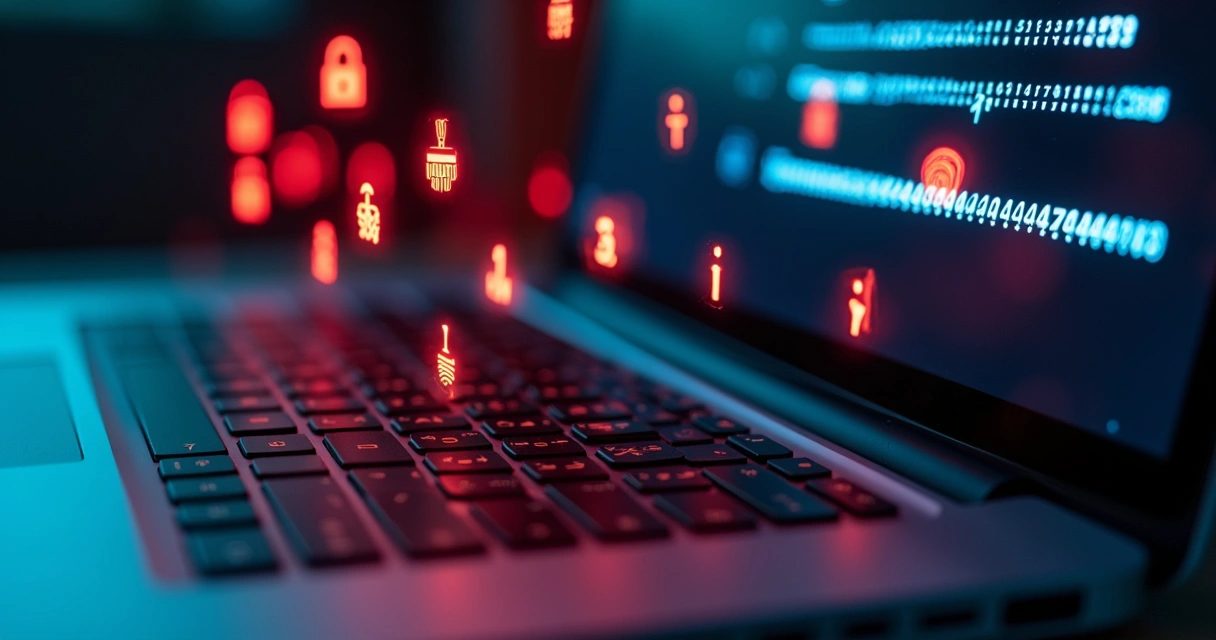 Teclado iluminado exibindo senha vulnerável com alertas digitais em vermelho 