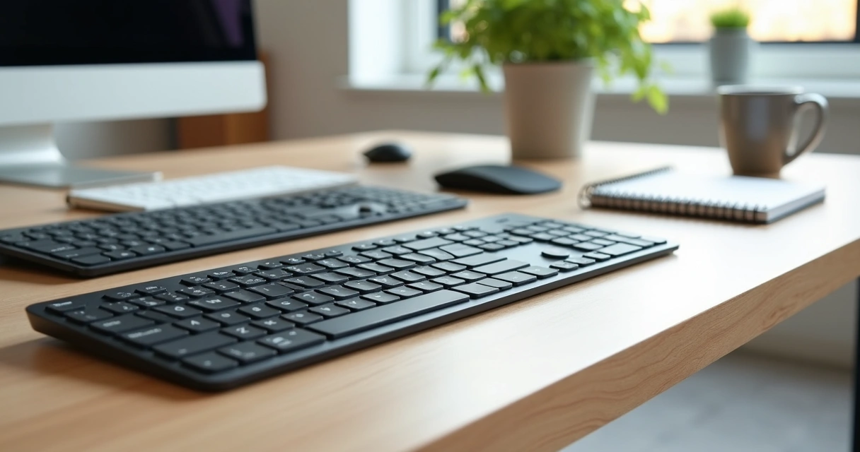 Vários teclados para escritório sobre uma mesa organizada, com modelos com fio USB e sem fio, em ambiente de escritório moderno 