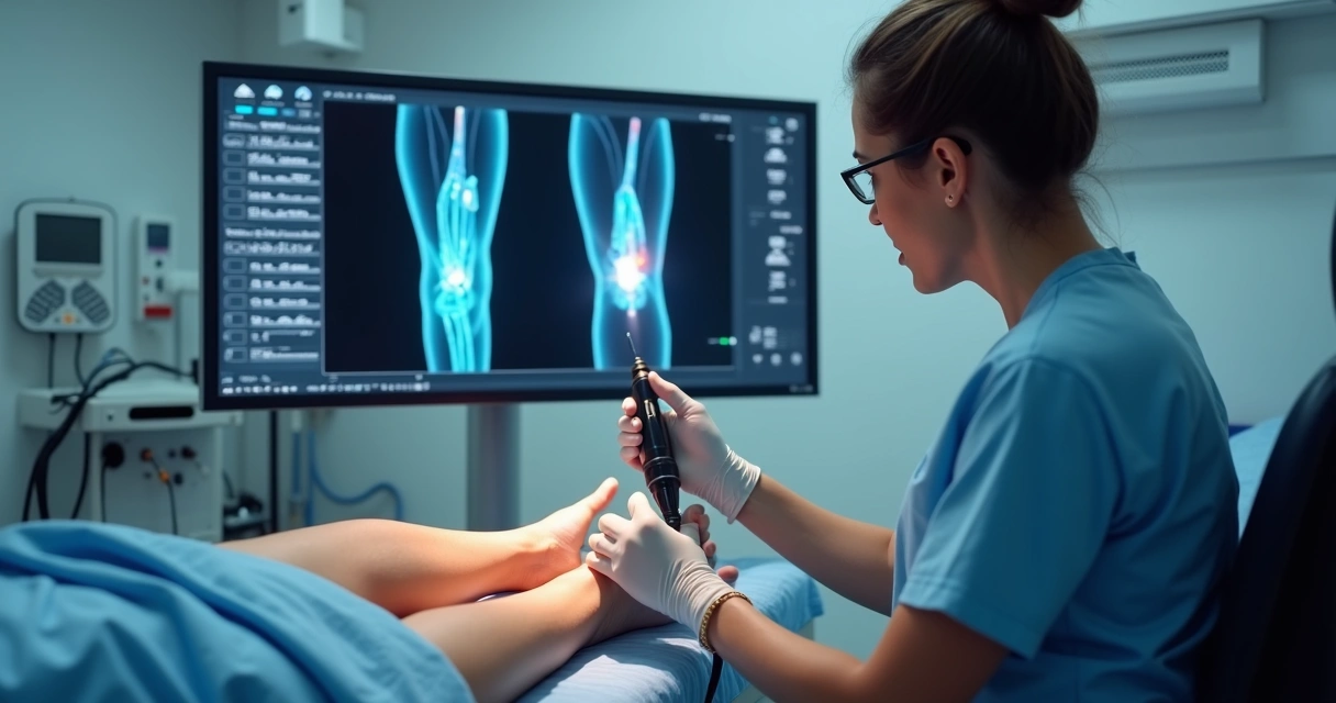 Profissional realizando procedimento a laser em perna de paciente 