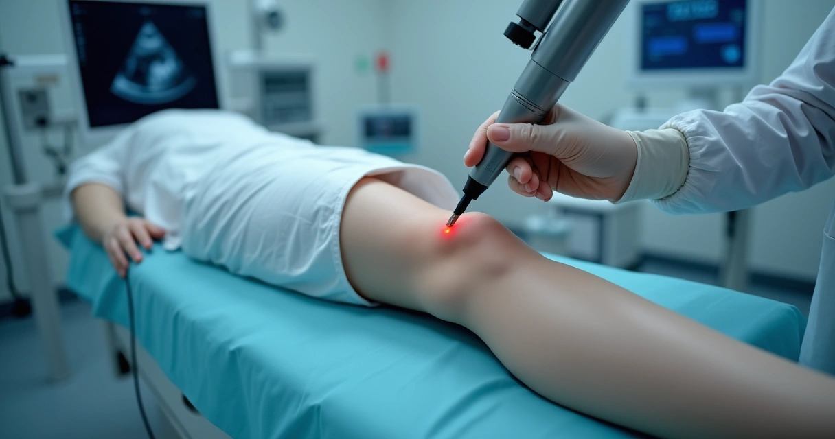 Aplicação de endolaser em perna para tratar varizes, profissional com luvas e ambiente clínico