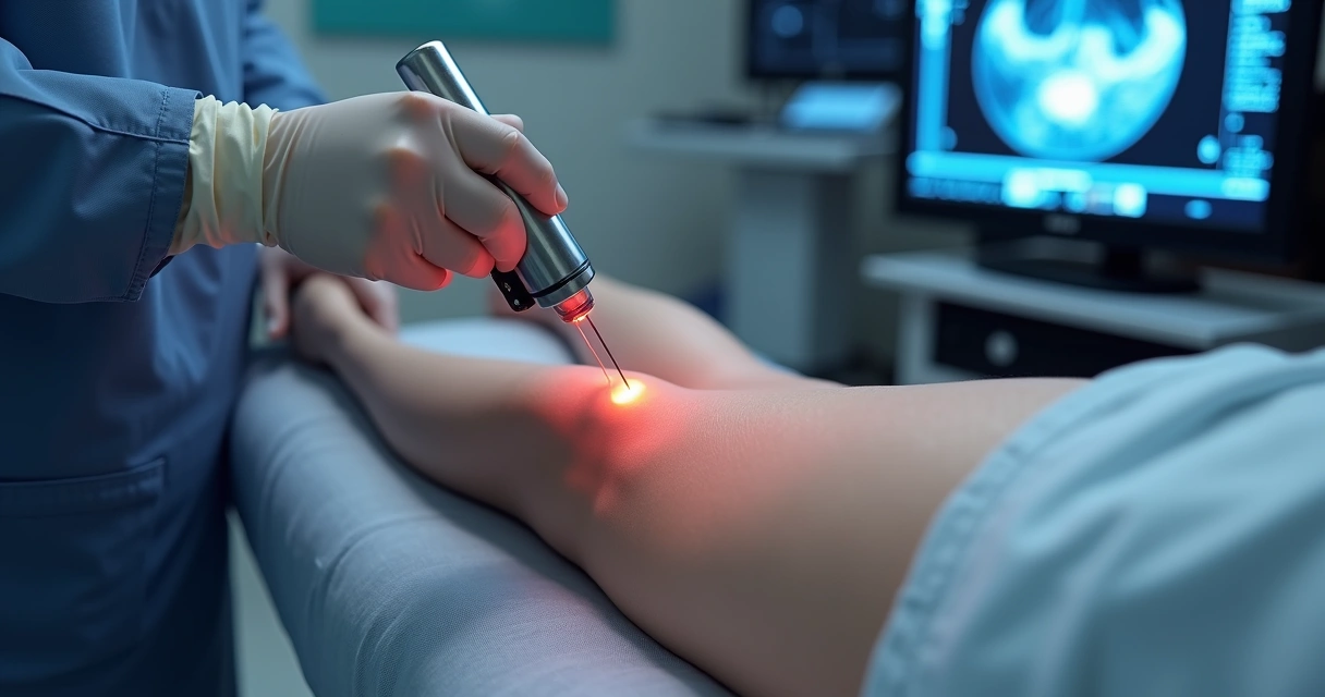 Aplicação de laser endovenoso na perna com equipamento médico moderno. 