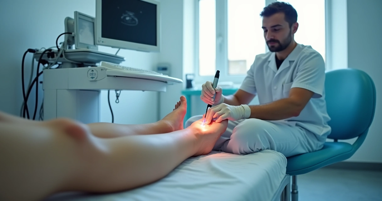 Demonstração do uso de laser em procedimento ATTA para varizes na clínica.