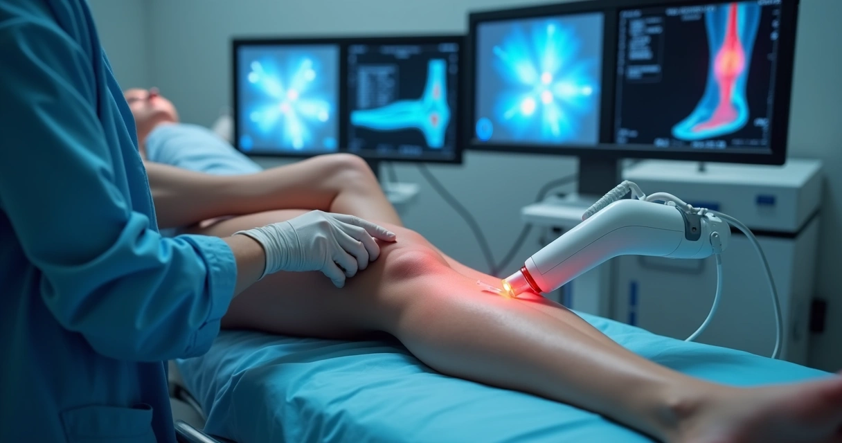 Procedimento de laser endovenoso guiado por ultrassom em perna 