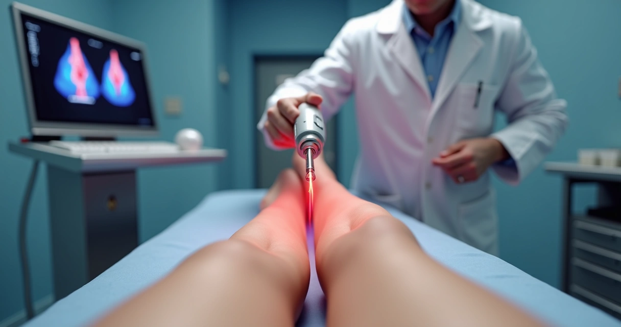 Laser sendo aplicado na veia de uma perna, equipe médica com ultrassom