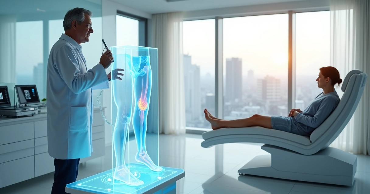 Médico vascular demonstrando tratamento de varizes com laser em ambiente de clínica moderna 