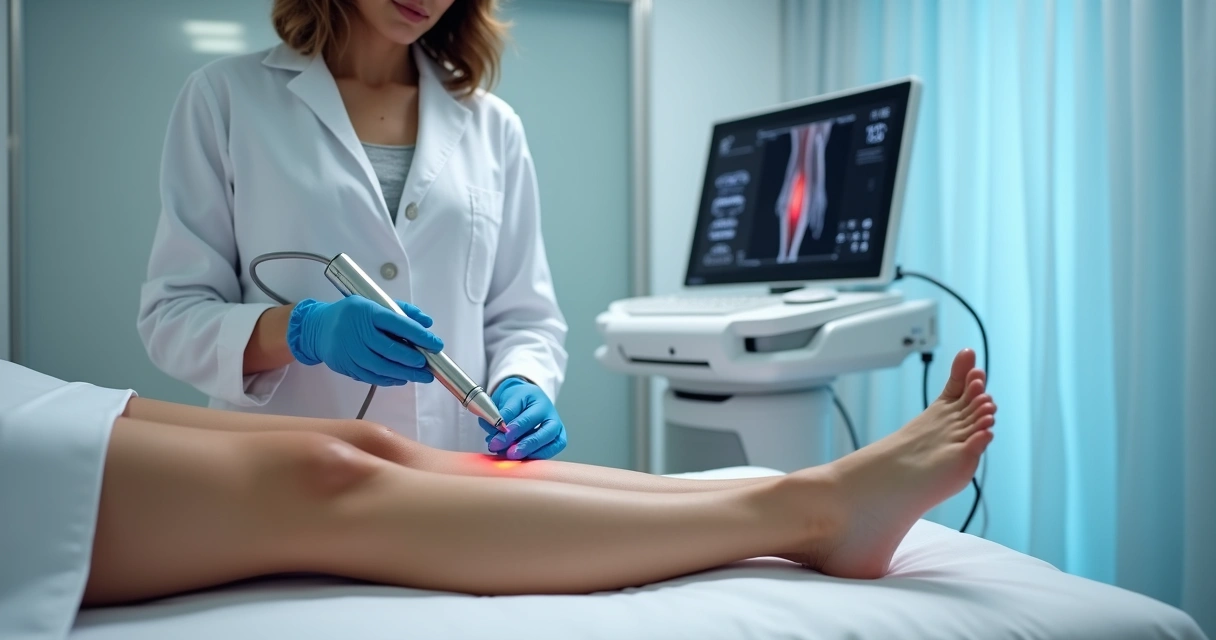 Detalhe de perna feminina sendo tratada com laser em clínica vascular moderna 