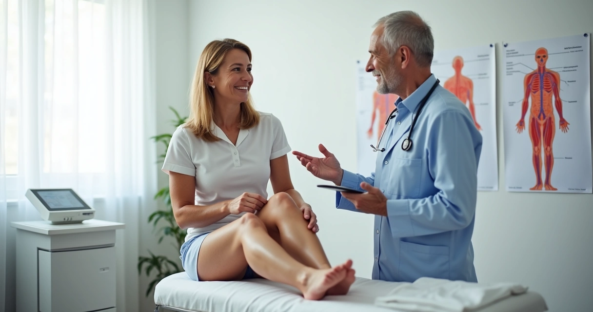 Paciente sorridente mostrando pernas saudáveis após tratamento vascular 