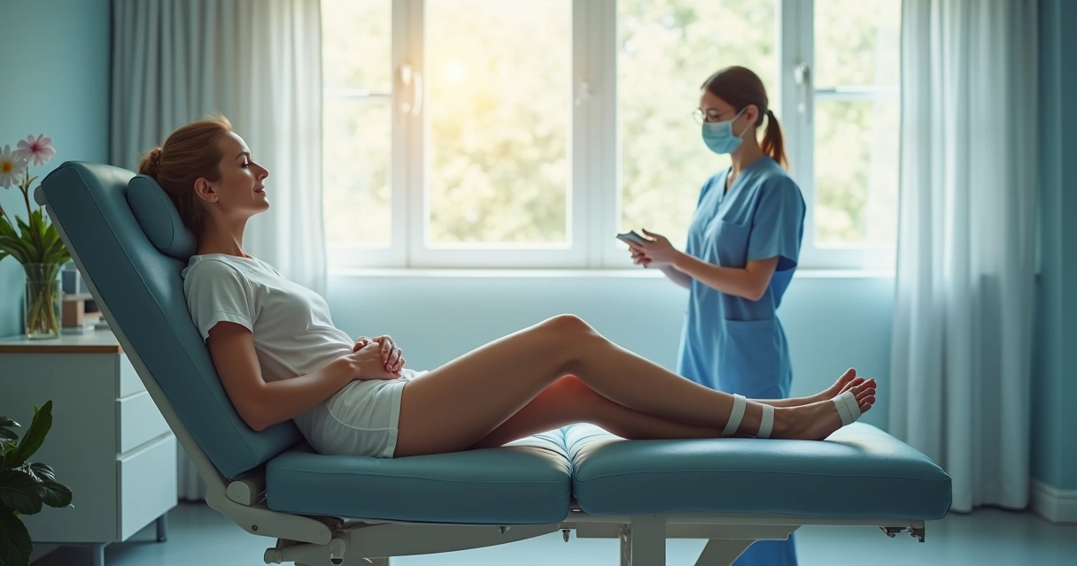 Paciente descansando em ambiente clínico após tratamento ATTA para varizes 