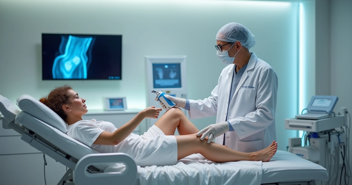 Médico vascular aplicando tratamento a laser minimamente invasivo nas pernas de uma paciente em clínica moderna 