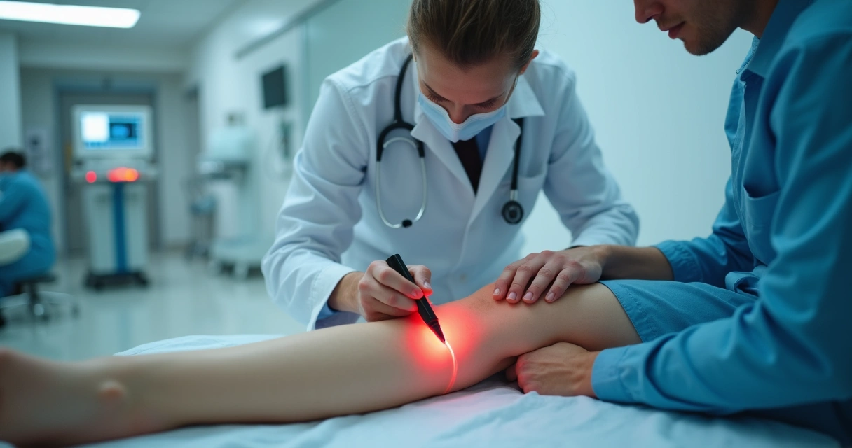 Médica vascular faz procedimento a laser em veias de paciente deitada em clínica 