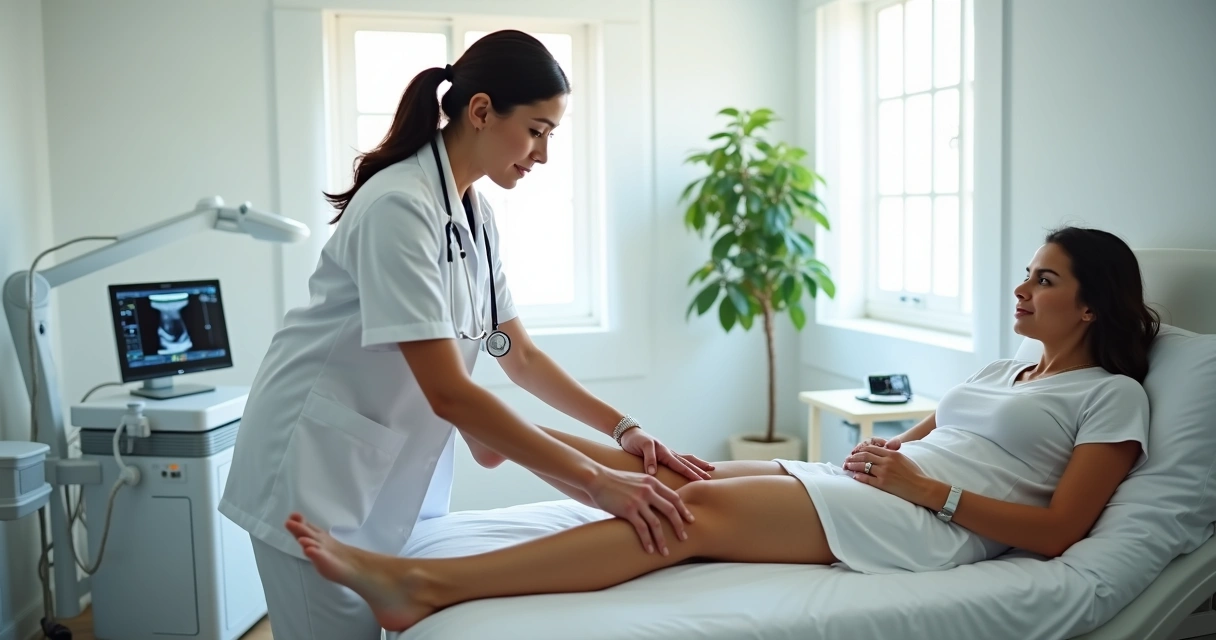 Médica vascular examinando perna de paciente em consultório moderno de varizes 
