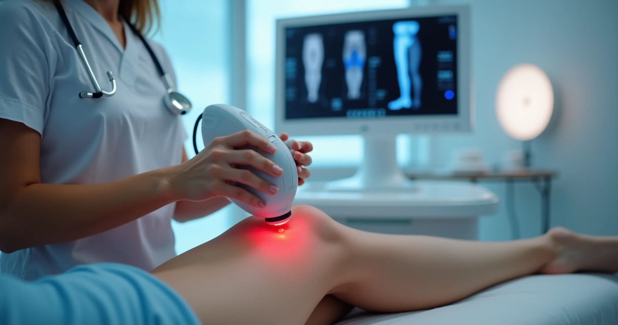 Profissional aplicando laser endovenoso em perna durante tratamento de varizes 