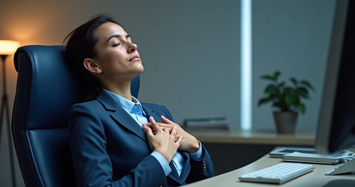 Pessoa sentada em cadeira de escritório com olhos fechados, mãos no peito, luz suave ao redor 