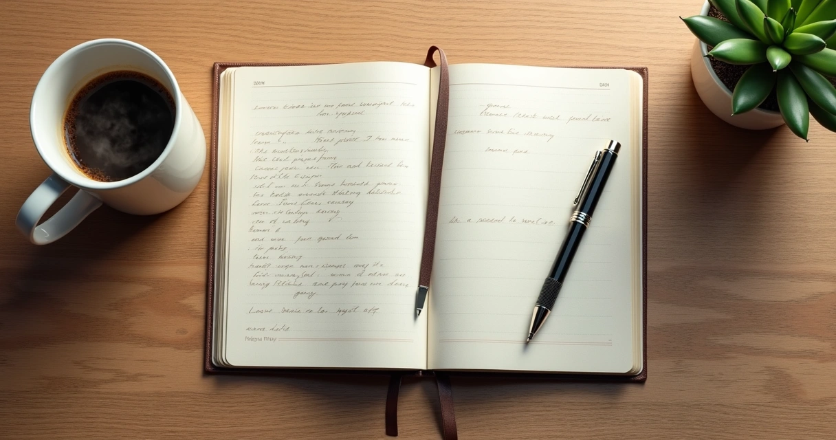 Cuaderno abierto y bolígrafo sobre una mesa, junto a una taza de café y una planta pequeña 