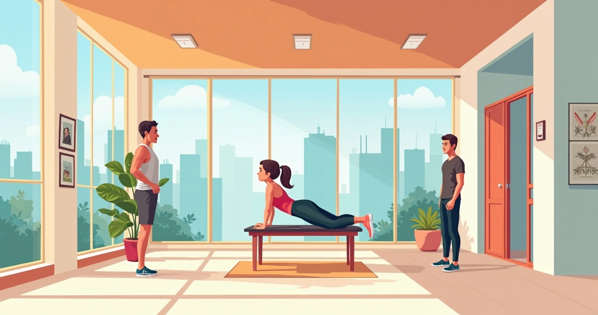 Mulher fazendo agachamento correto em academia, espelho mostrando postura, homem ao lado ilustrando erro.