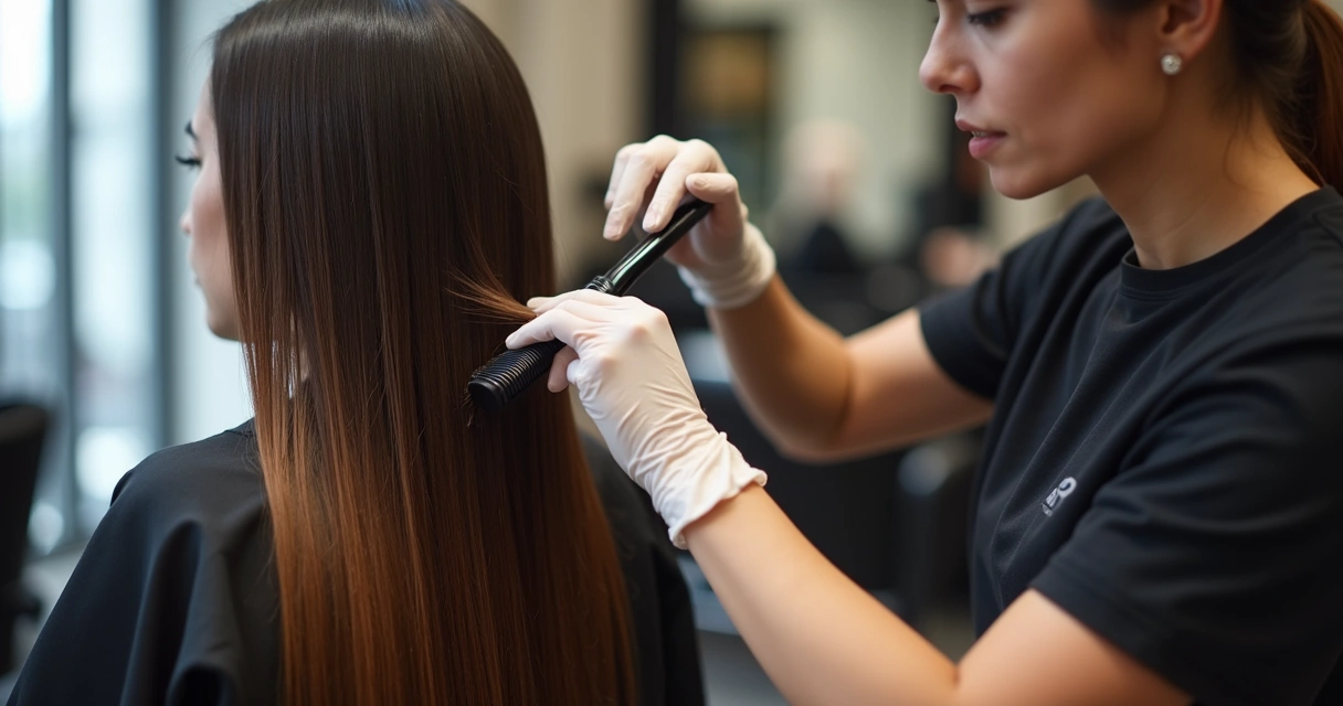 Profissional aplicando técnica de balayage em cabelo longo usando pincel e mãos 
