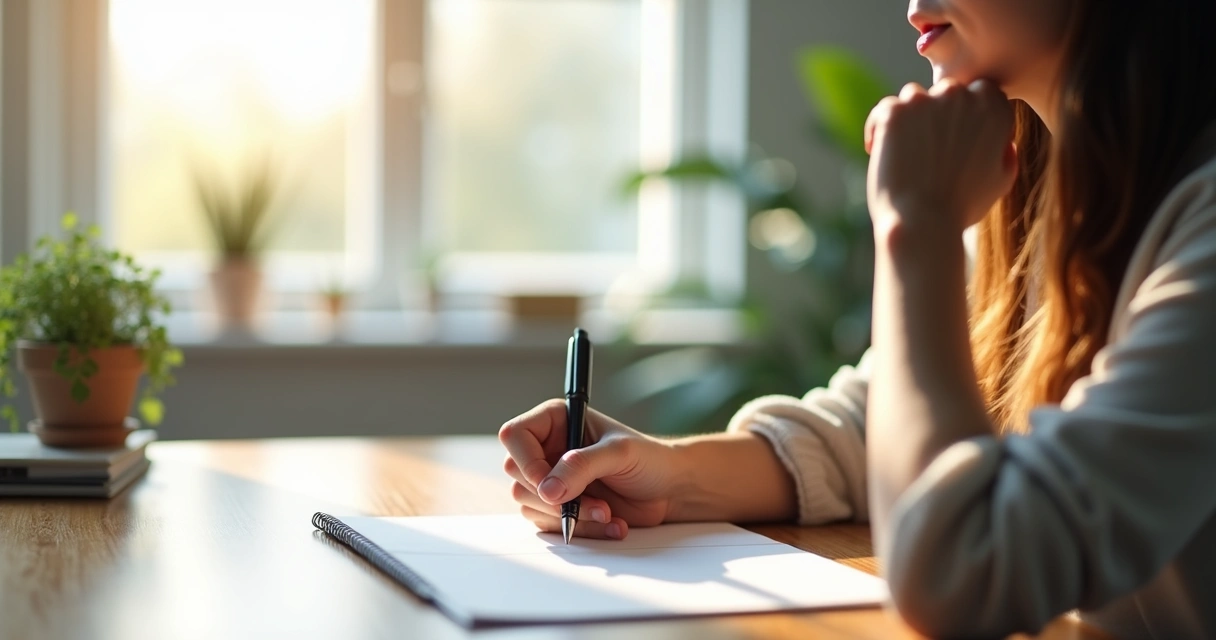 Pessoa refletindo em ambiente calmo com papel e caneta 
