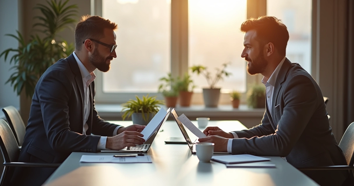 Dois empresários em negociação, sentados em mesa de reunião com papéis e café, ambiente iluminado por luz natural 