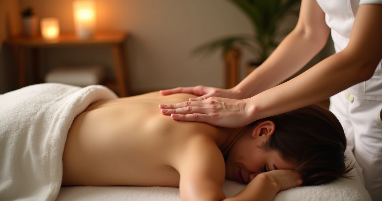 Massoterapeuta realizando movimentos amplos e lentos durante técnica de massagem californiana 