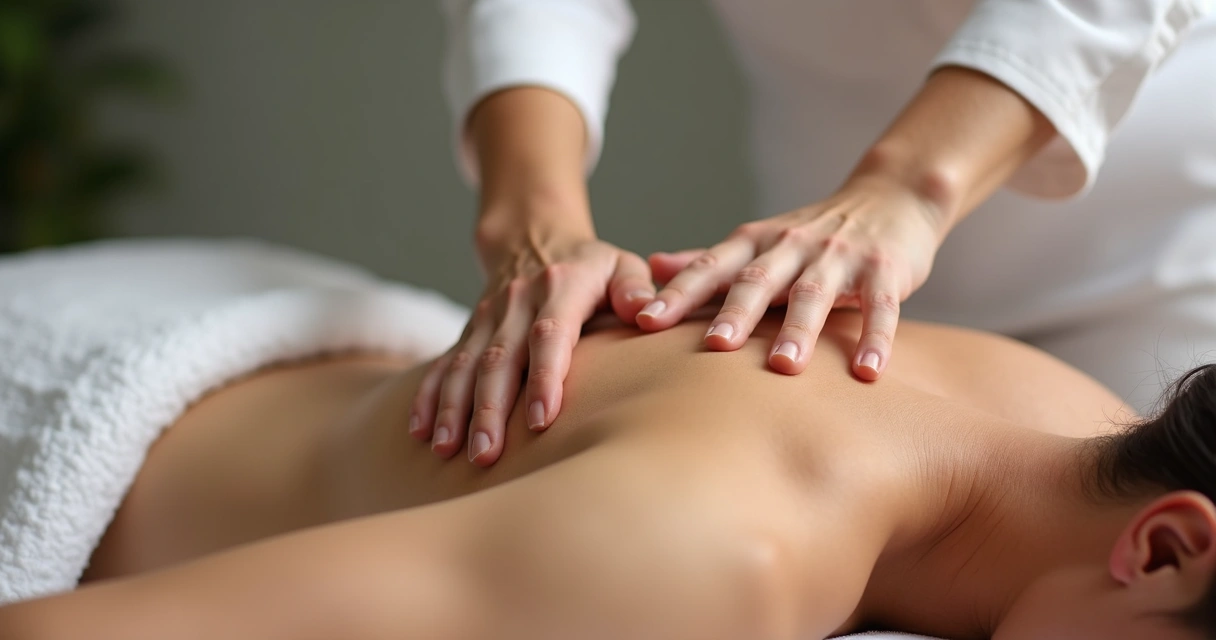 Mãos de massoterapeuta aplicando técnica de massagem profunda nos músculos das costas de uma pessoa deitada, com close nos dedos realizando pressão controlada 