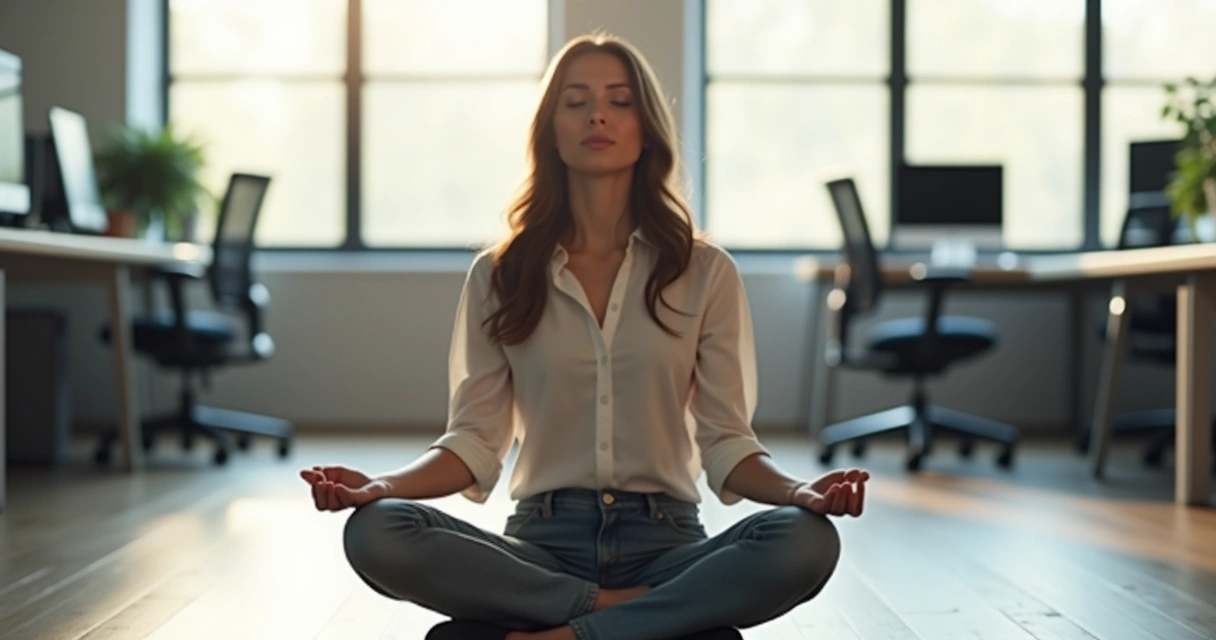 Pessoa sentada em posição de meditação no escritório durante pausa 