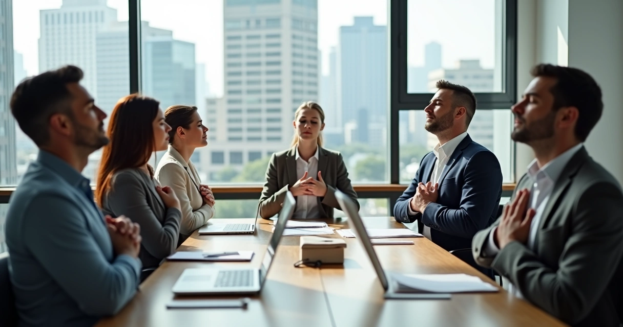 Equipe corporativa praticando técnica de respiração juntos na sala de reunião 