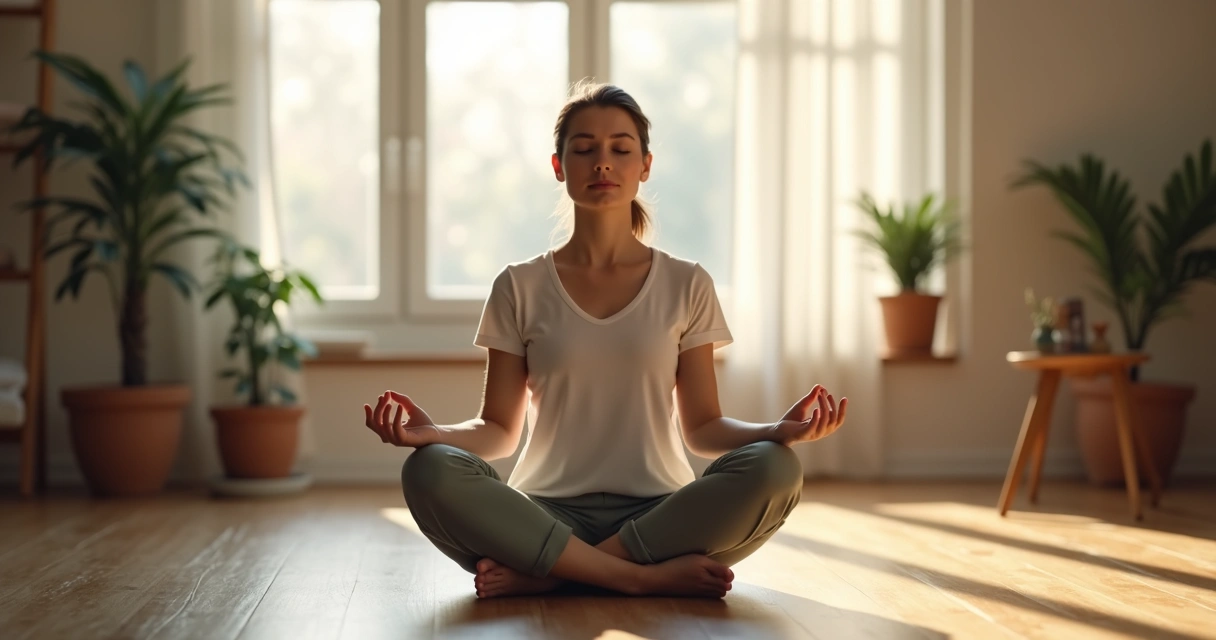 Pessoa sentada em posição de meditação com mãos apoiadas nos joelhos, olhos fechados, fundo suave. 