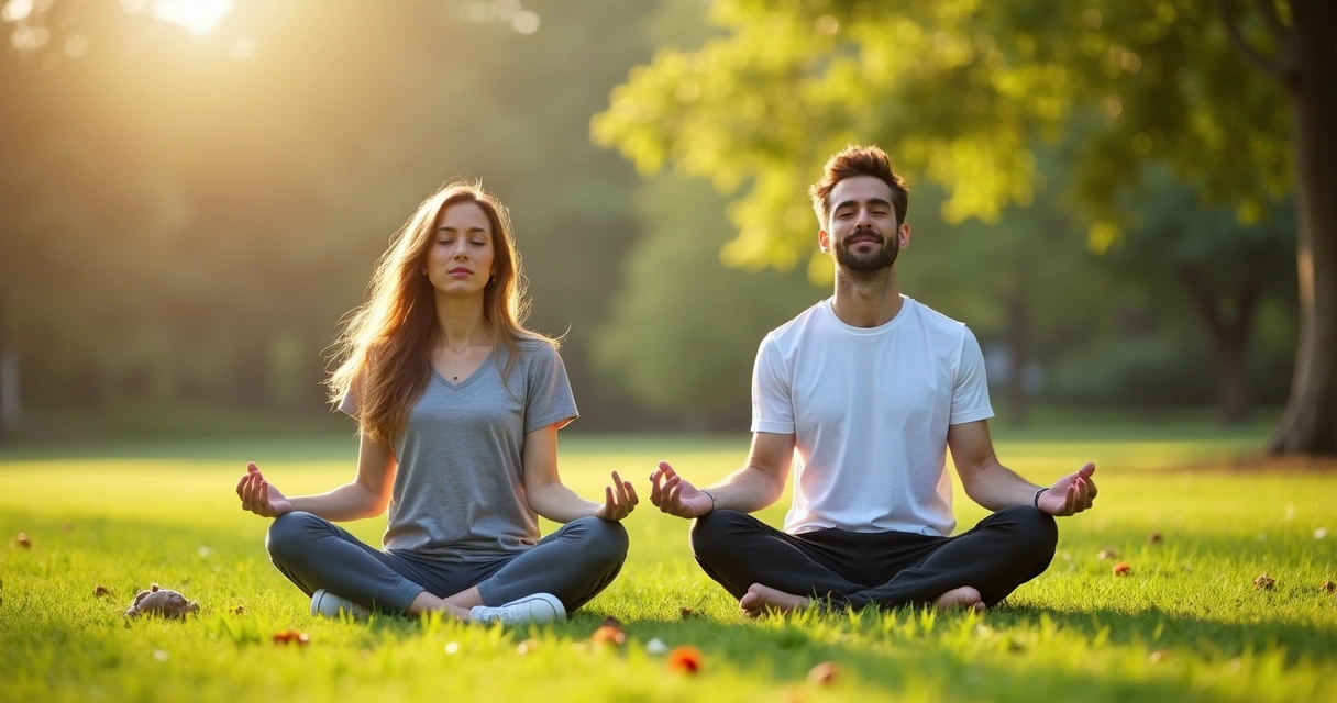 Casal praticando mindfulness juntos em parque com vegetação ao fundo 
