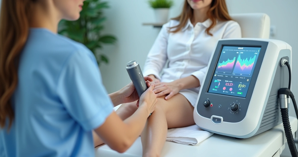 Médica utilizando equipamento moderno em paciente para tratamento minimamente invasivo 