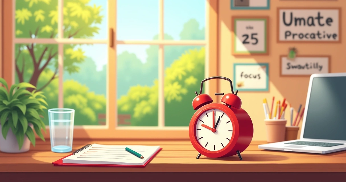 Ilustração da técnica Pomodoro, mostrando um temporizador em formato de tomate em um escritório aconchegante.