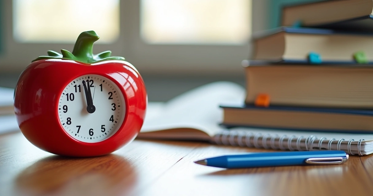 Relógio de cozinha ao lado de livros empilhados em mesa de estudo