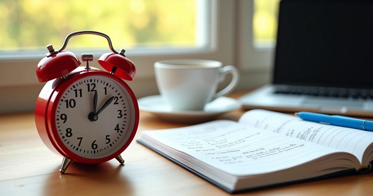 Temporizador analógico vermelho e bloco de notas em uma mesa de trabalho 