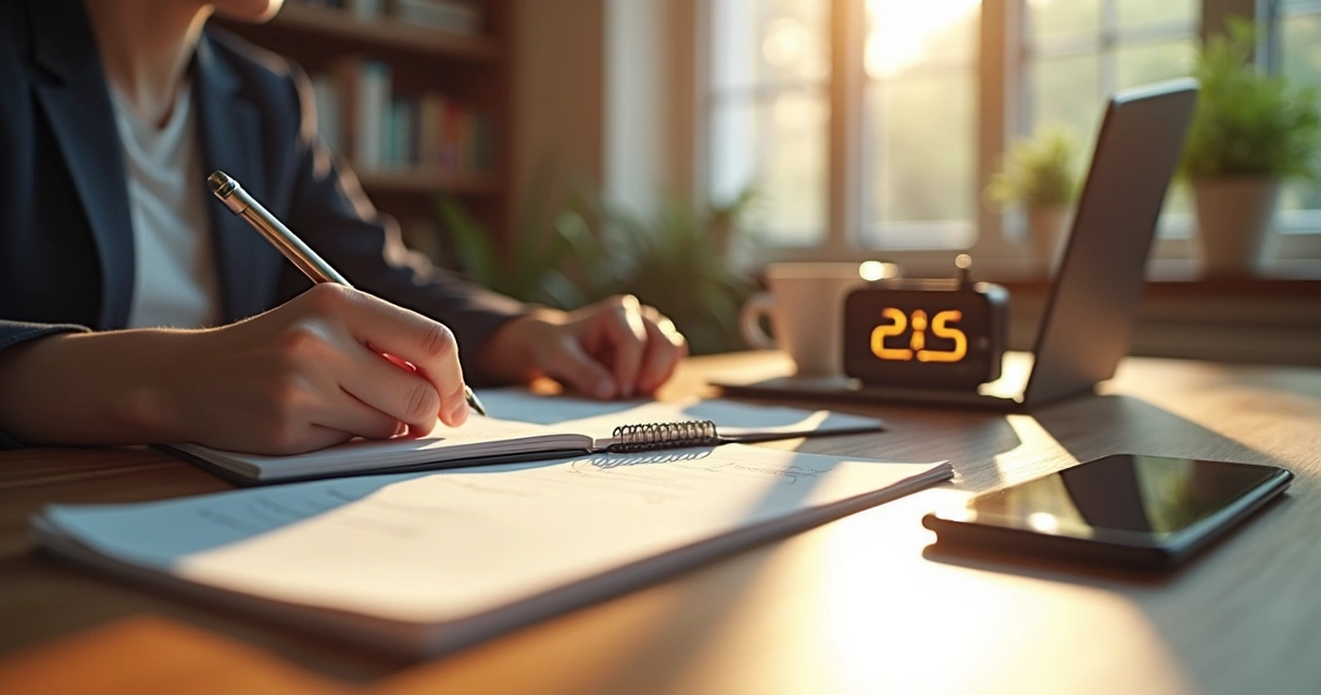 Pessoa usando técnica Pomodoro com timer e caderno na mesa