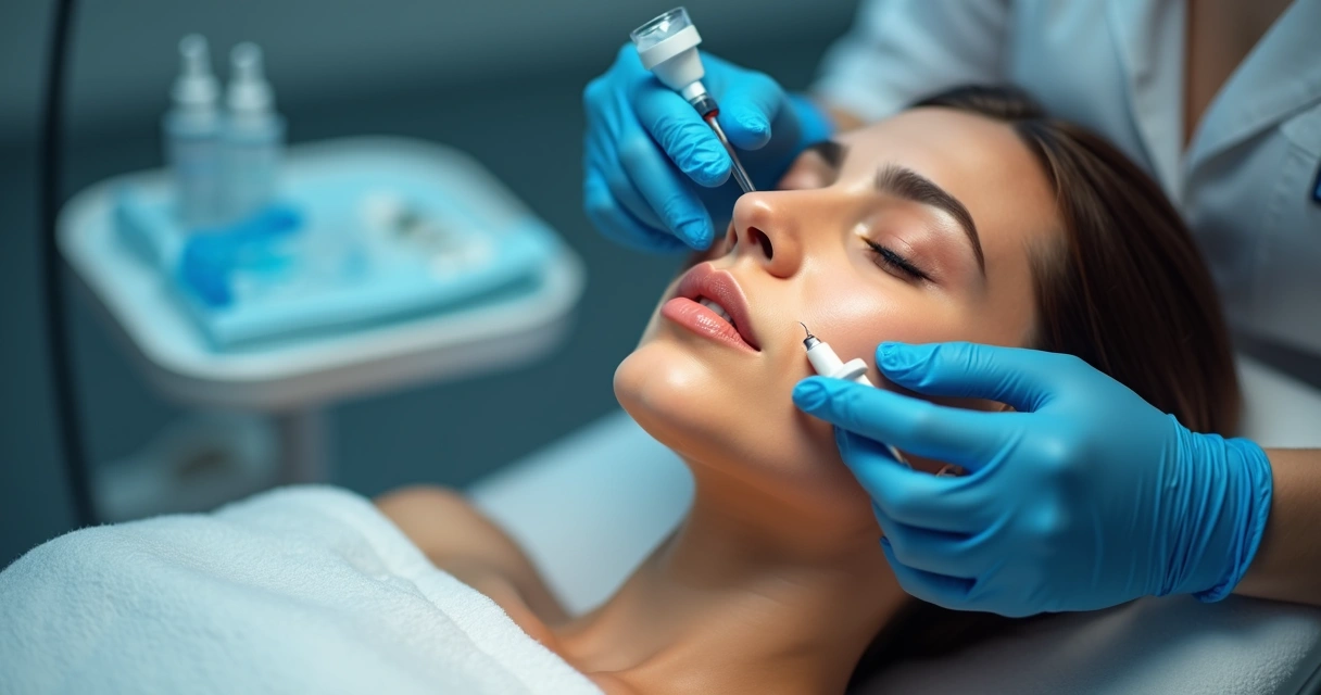 Técnica de preenchimento labial feita por profissional com luvas 